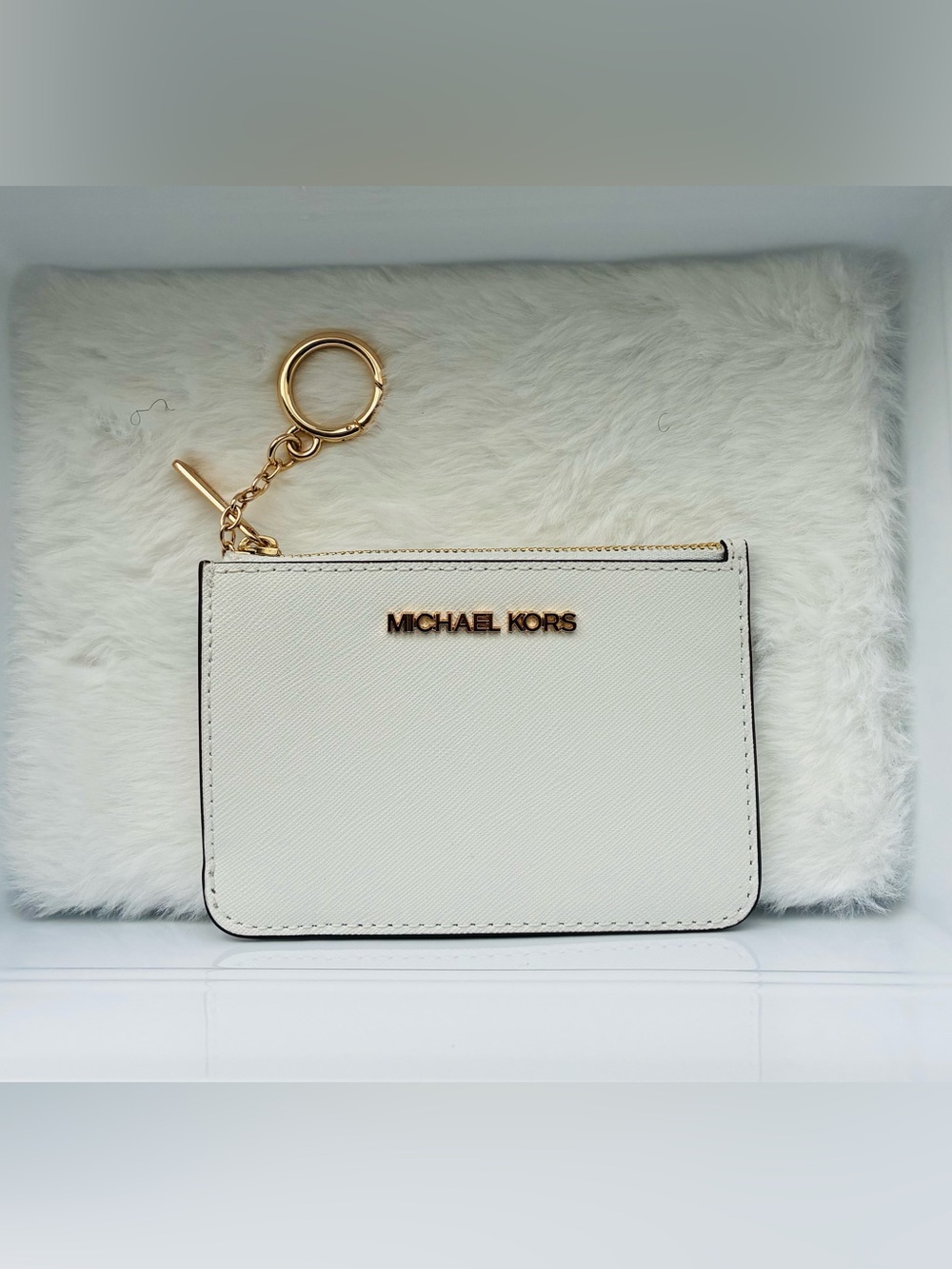 Michael Kors White Leather Card Holder with Gold Key Ring